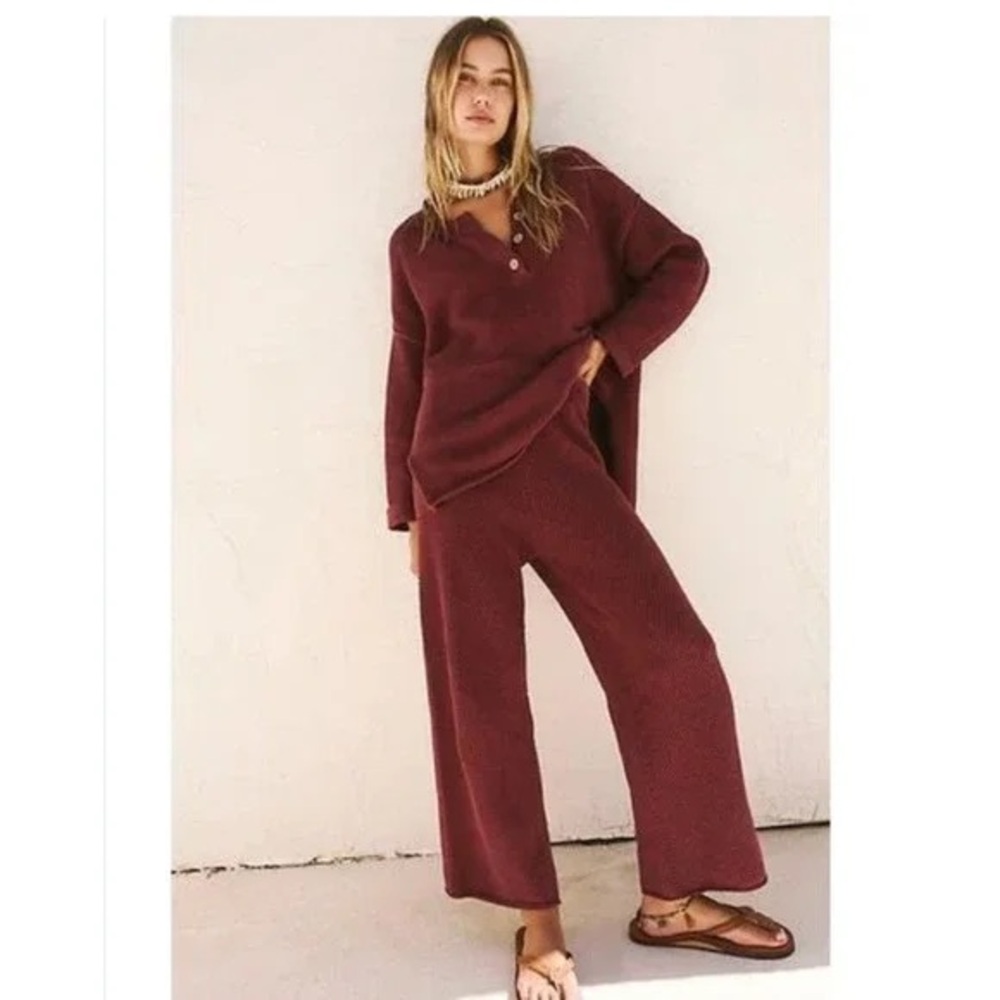 Free People FP Beach Hailee Waffle Knit Wide Leg Pants Maroon Small